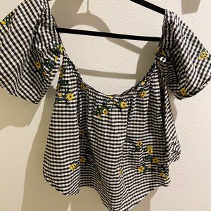 Free Generation Los Angeles Embroidered Gingham Off-Shoulder Top, Size Small